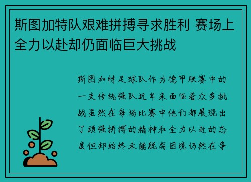 斯图加特队艰难拼搏寻求胜利 赛场上全力以赴却仍面临巨大挑战