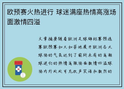 欧预赛火热进行 球迷满座热情高涨场面激情四溢