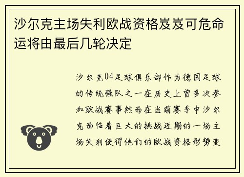 沙尔克主场失利欧战资格岌岌可危命运将由最后几轮决定