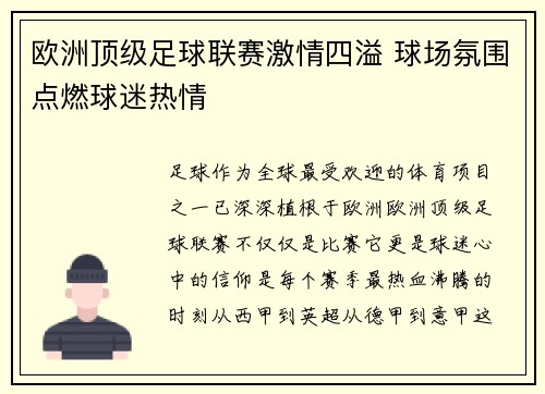 欧洲顶级足球联赛激情四溢 球场氛围点燃球迷热情