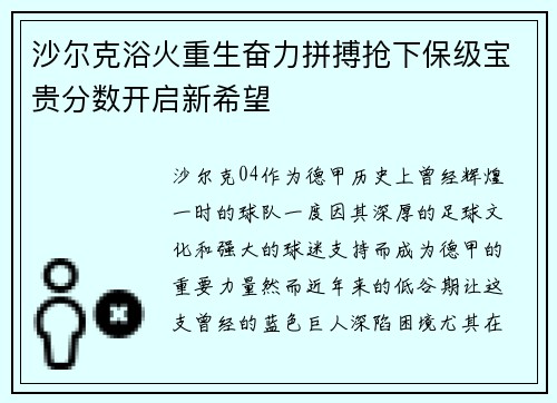 沙尔克浴火重生奋力拼搏抢下保级宝贵分数开启新希望