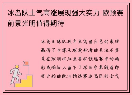 冰岛队士气高涨展现强大实力 欧预赛前景光明值得期待