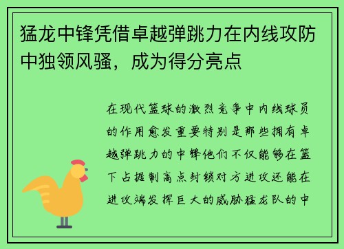 猛龙中锋凭借卓越弹跳力在内线攻防中独领风骚，成为得分亮点
