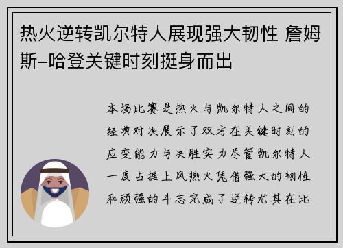 热火逆转凯尔特人展现强大韧性 詹姆斯-哈登关键时刻挺身而出